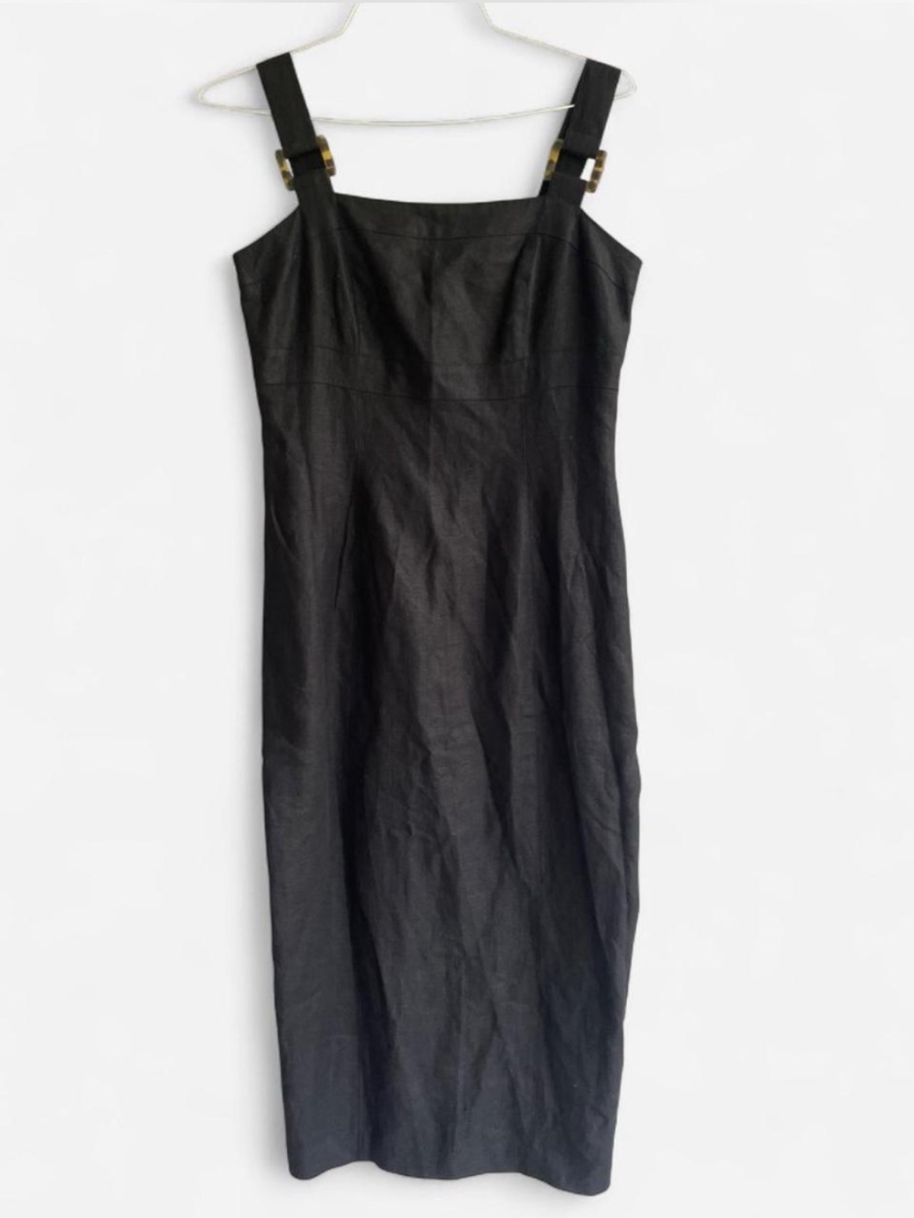 Marie St. Claire Sleek 100% Linen Black Midi Dress with Buckle Straps